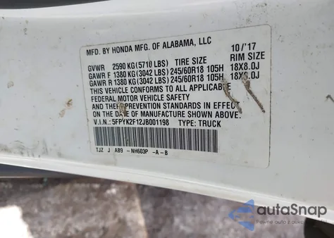 2018 Honda Ridgeline Sport z USA, uszkodzony, nr VIN 5FPYK2F12JB001198